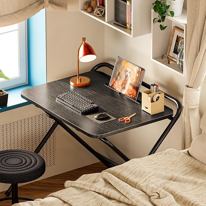Huuger Folding Desk with 3-Level Adjustable Height and Tablet Slot, 24 Inch Foldable Computer Desk for Small Spaces, Space Saving, Study Writing Work Table for Home Office, Bedroom, Study, Black