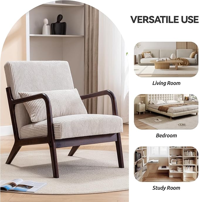 Mid Century Modern Accent Chair, Living Room Chairs with Pillow Upholstered Boho Arm Chiar Reading Chair with Solid Wood Frame & Corduroy Fabrics for Living Room Bedroom,White