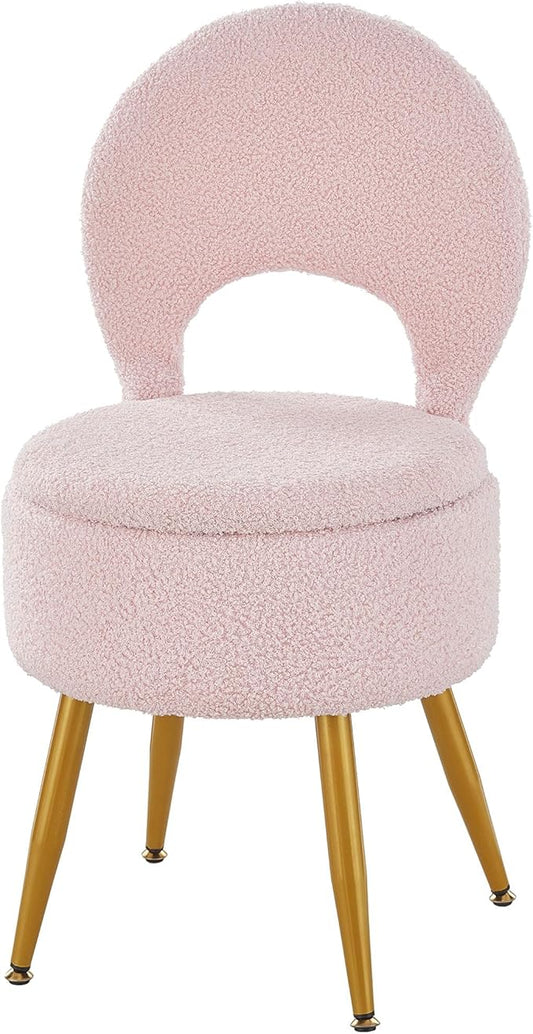 Vanity Stool with Storage and Backrest, Folding Back & Velvet Seat, Footrest, Round Ottoman with Sherpa, Vanity Chair with Storage, Ideal for Bedroom, Living Room, and Makeup Stations