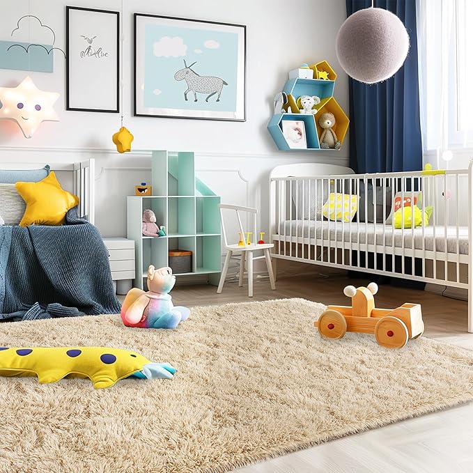 Ultra Fluffy Rug for Living Room Bedroom, 5x7 Fuzzy Large Area Rug for Living Room, Plush Soft Shag Carpet for Girl Boy Kids, Non Slip Rug Modern Indoor Home Decor Aesthetic, Camel