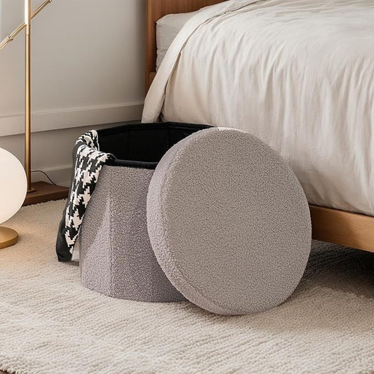 15 Inchs Round Storage Ottoman, Small Foldable Foot Stool with Hidden Storage for Living Room, Bedroom - Compact Organizer for Small Spaces,Grey