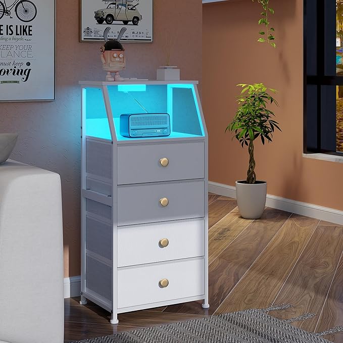 Tohomeor Dresser with Fabric Drawers Nightstand with 2 Tier Shelf Storage Tower for Bedroom Hallway Entryway Closet Organizer Sofa Beside Table Furniture (White, 4 Drawers)