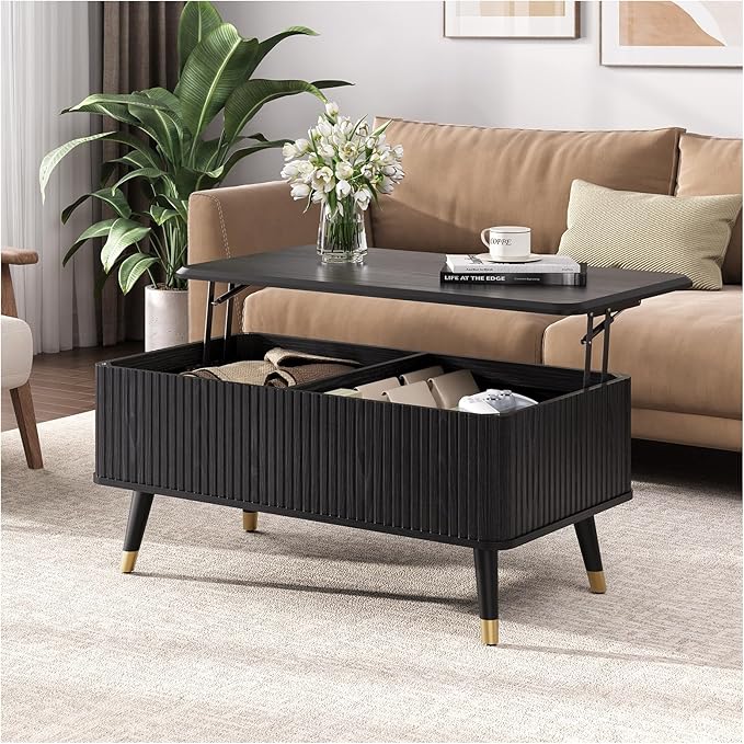 Lift Top Coffee Table with Storage Shelf & Hidden Compartment, Mid Century Modern Fluted Rectangle Dining Table for Living Room, Home Office,Black