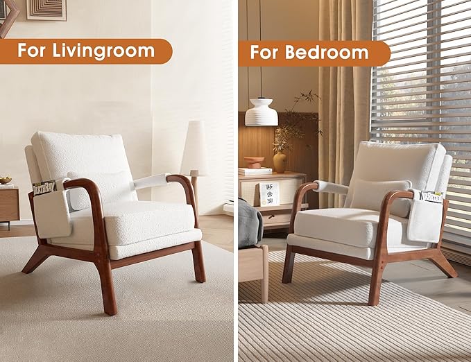 Mid Century Modern Chair Set of 2, Upholstered Lounge Arm Chair with Solid Wood Frame, Comfy Accent Chair for Living Room, Bedroom, Reading, Reception, Sherpa Fleece, White