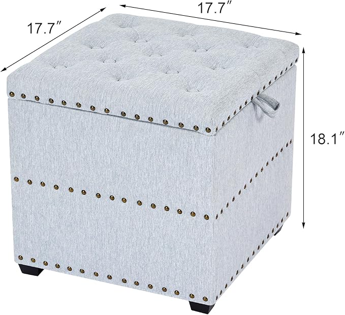 Adeco 18" Light Blue Square Storage Ottoman with Tray, Modern Cube Ottoman Coffee Table for Dorm, Upholstered Cube Footstools Coffee Table for Living Room