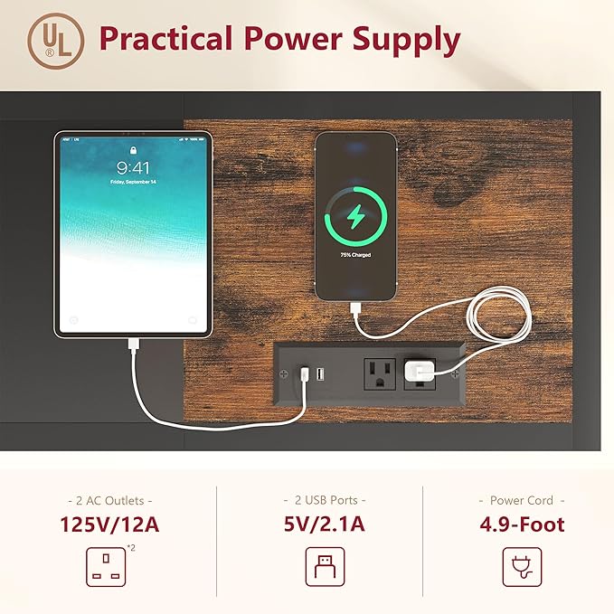 Tajsoon Console Table with Charging Station, 41.8" Entryway Table with Shelves, 2-Tier Narrow Sofa Table, Long Behind Couch Table, for Entryway, Foyer, Living Room, Hallway, Brown & Black