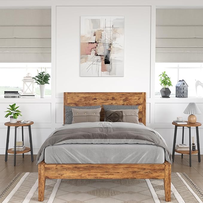 Side Table, Small Round End Table with Storage Shelf for Small Space, 2-Tier Bedside Table Sofa Couch Table, Round Accent Table Nighstands for Living Room, Bedroom, Rustic Brown