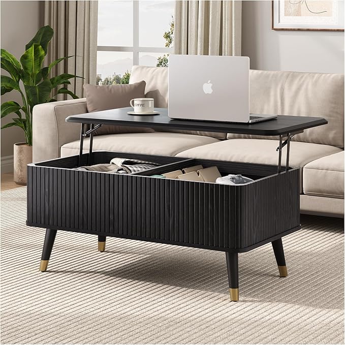 Lift Top Coffee Table with Storage Shelf & Hidden Compartment, Mid Century Modern Fluted Rectangle Dining Table for Living Room, Home Office,Black