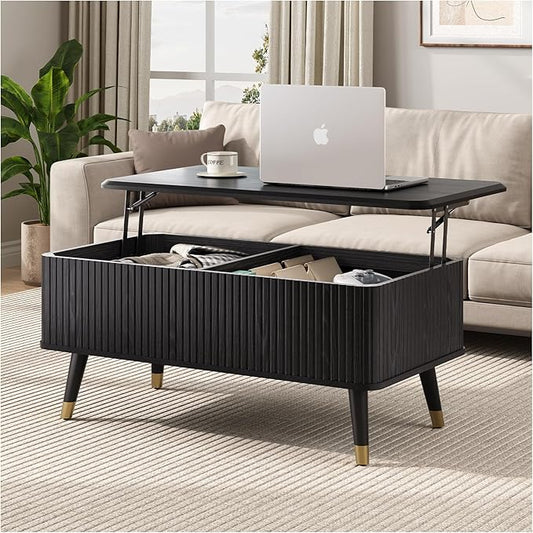 Lift Top Coffee Table with Storage Shelf & Hidden Compartment, Mid Century Modern Fluted Rectangle Dining Table for Living Room, Home Office,Black