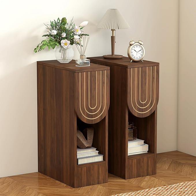 Narrow Nightstands Set of 2, Mid-Century Modern Bedside Table with Carved Drawer and Storage Shelf, Farmhouse Slim Side End Table for Bedroom, Small Space (2, Walnut)