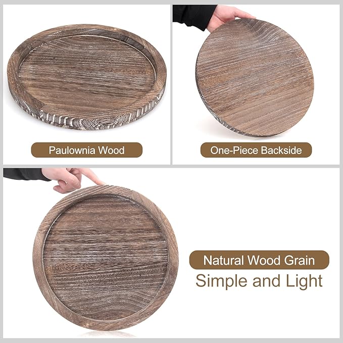 Round Decorative Wood Trays for Coffee Table Counter Farmhouse Kitchen Home Decor Centerpiece Small Wooden Candle Holder Tray Circular Serving Platter Circle Rustic Dining Table Bathroom Perfume Tray