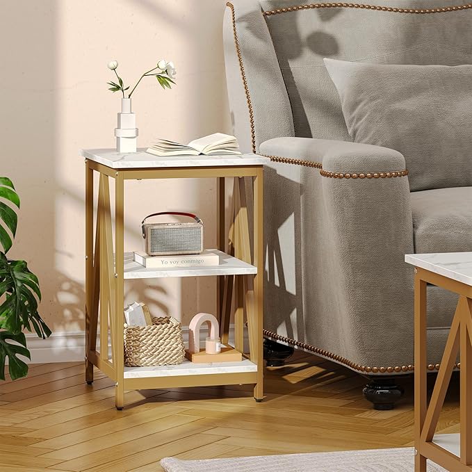 Bigbiglife Living Room Coffee Table Set of 3, Industrial Triangular-Design Coffee Table and 2 End Side Tables, 3 Piece Living Room Table Set with Large Storage for Apartment Home (Marble White)