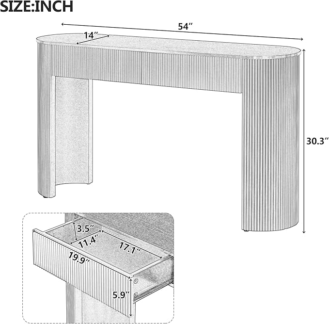 kevinplus 54'' Wood Console Table Sofa Table with 2 Drawer Storage for Entryway, Modern Elegant Fluted Design & Curved Edge, Easy Assemble, Blue