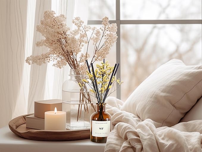 WEALD TRIBE Reed Diffuser Set for Bathroom Air Fresheners, Oil Diffuser Sticks with Flower | Lemongrass Scent 4.0 fl oz Home Fragrance with Sticks Defusers | House Bedroom Office Shelf Decor