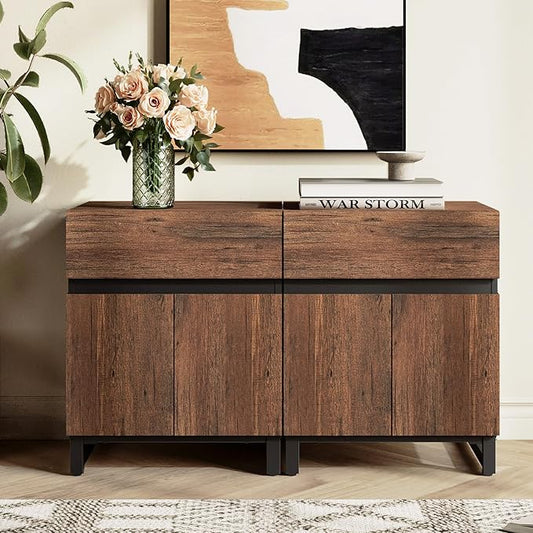 WAMPAT 2 Pack Modern End Table with 1 Drawer & 1 Storage Cabinet, Farmhouse Sofa Table with 2 Open Door, Wood Rustic Side End Table for Living Room, Nighstand for Bedroom, Brown