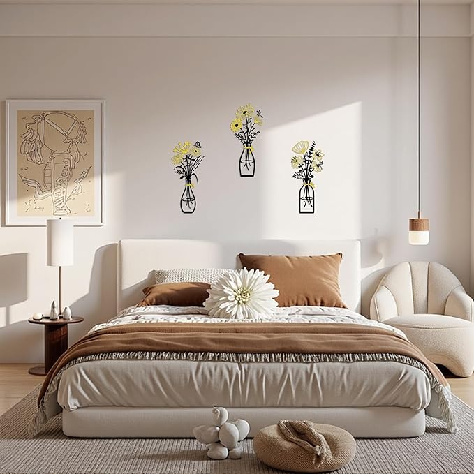 Iron Metal Vase Flower Wall Art Set of 3 - Minimalist Black Floral Decor for Living Room Bedroom Kitchen, Office Garden - Modern Farmhouse Home Decor & Housewarming Gifts (Black-Golden)