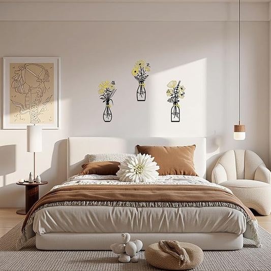 Iron Metal Vase Flower Wall Art Set of 3 - Minimalist Black Floral Decor for Living Room Bedroom Kitchen, Office Garden - Modern Farmhouse Home Decor & Housewarming Gifts (Black-Golden)