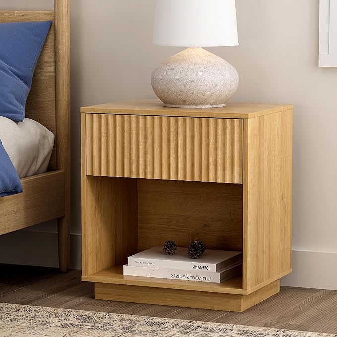 Fluted End Table with Drawer Set of 2, Modern Wooden Nightstand Bed Side Table with Storage Shelf Bedside Night Stand for Bedroom Living Room Sofa, Natural Oak