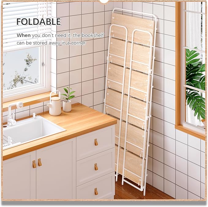 4NM No Assembly Folding Bookshelf, 6 Tiers Collapsible Book Shelves Open Industrial Foldable Storage Bookcase Shelf for Bedroom, Living Room, Home Office - Natural and White