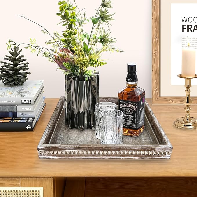 Wooden Decorative Tray, Small Serving Tray with Wood Bead, Farmhouse Big Tray for Ottoman, Countertop, Coffee Tabl, 13" x 13"x 1.6" (Retro Brown)