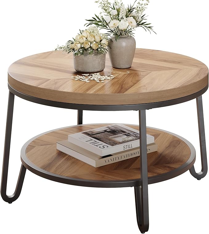 32" Round Coffee Table, Circle Coffee Table for Living Room with 2-Tier Storage Shelves, Design Accent Center Table with Wood Grain Desktop, Easy to Assemble