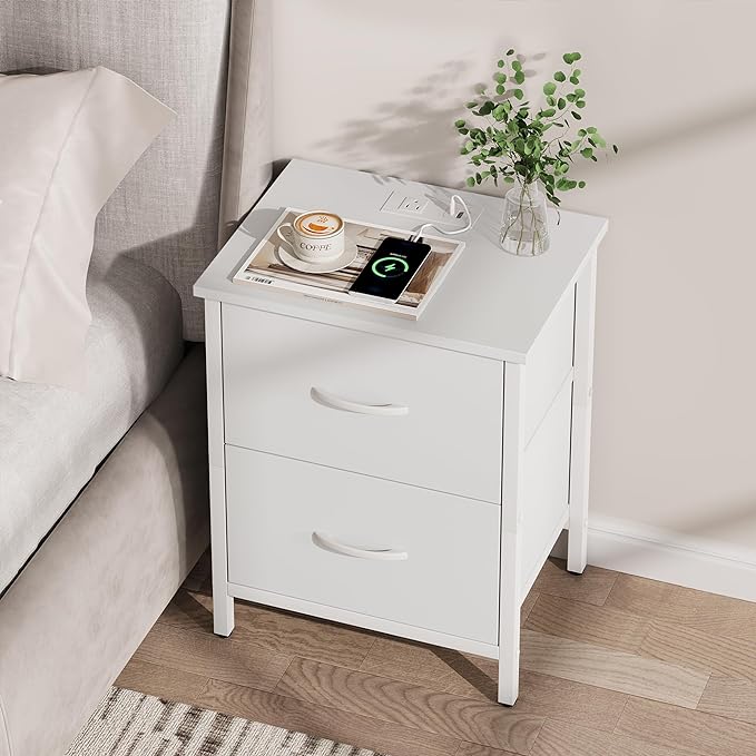 Vagusicc Nightstand Set of 2 with Charging Station, End Table Bedside Table with Power Outlet & USB Ports, Side Table with 2 Fabric Drawers for Bedroom, Living Room, White