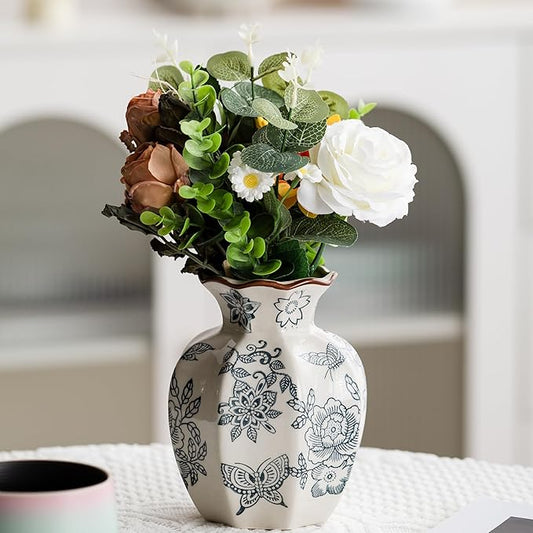 Blue and White Vase, Vintage Blue Ceramic Flower Vessel,Ceramic vases for Home Decor,Vintage Green and Beige for Console Table Mantle Chinoiserie Decor (Retro-02, Small)