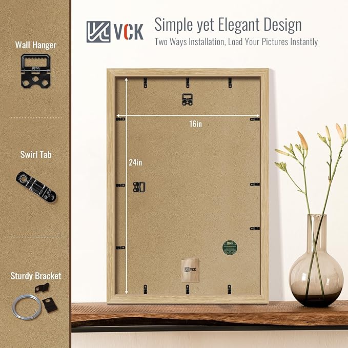 VCK 16x24 Poster Frame 2 Pack - Natural Oak, High-End Wood Picture Frames with Polished Plexiglass, Display 12x18 Photo with Mat or 16x24 without Mat, Art Gallery-Quality, Wall Hanging, Natural Oak
