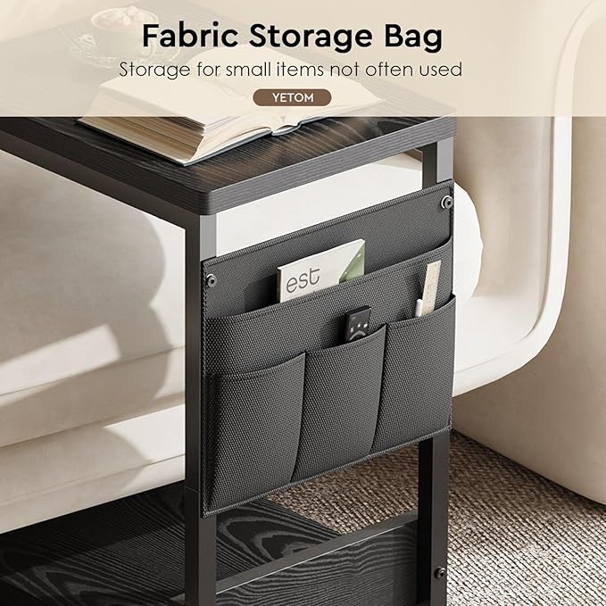 Side Table,C Table with 2-Tier Storage Shelf, End Table with a Storage Bag, Sofa Table with Wheels for Living Room, Bedroom, Office, Bathroom, Black