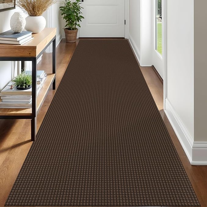 IOHOUZE Washable Runner Rug 3x12 Non Slip Rubber Backed Extra Long Hallway Runner Entryway Runner Indoor, Kitchen Rugs Woven Cotton Floor Carpet for Hall Entrance Stair, Brown