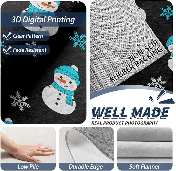 Snowman Rug Blue - 2x3 Rug, Snowflake Door Mat Indoor Entrance, Snowman Entryway Throw Rugs, Kids Cartoon Xmas Carpet, Christmas Home Decor & Gifts