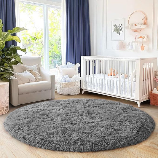 6‘x6’ Grey Round Rug for Bedroom, Ultra Soft Fluffy Circle Rug for Kids Girls Boys Room, Cute Shag Rugs for Living Room Playroom Teen Room Home Decor Rug