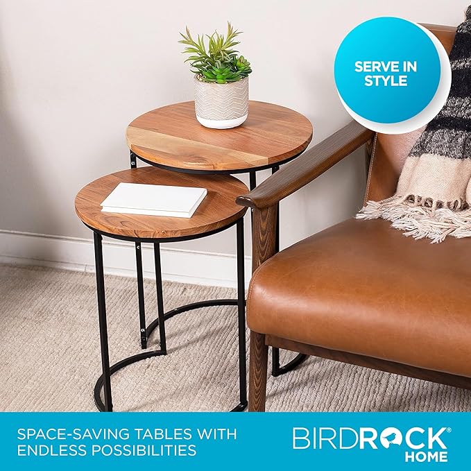 BIRDROCK HOME Wooden Nesting Side Tables - Mid Century Modern Stackable Coffee Table - Space-Saving Wooden End Table for Living Room, Bedroom, Centerpiece, Office, Balcony - Natural Mango Wood - 2 Set