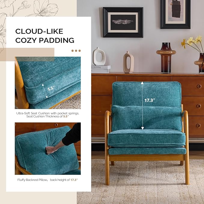 VINGLI Chenille Mid-Century Modern Accent Chair, Cute Reading Arm Chair with Cushion & Lumbar Pillow & Solid Wood Frame for Lounge, Living Room, Reading Room, Bedroom, Turquoise