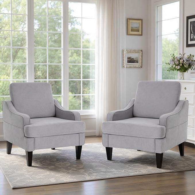 Accent Chair for Living Room,Mid-Century Arm Chair Fabric Living Room Chairs,Upholstered Reading Chair for Bedroom,Single Sofa Chair with Wood Legs for Apartment,Grey,2 Pack