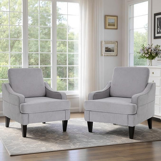 Accent Chair for Living Room,Mid-Century Arm Chair Fabric Living Room Chairs,Upholstered Reading Chair for Bedroom,Single Sofa Chair with Wood Legs for Apartment,Grey,2 Pack