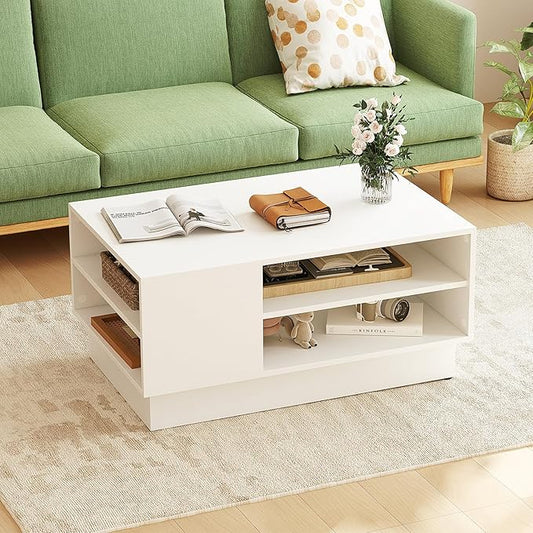 Giantex Coffee Table with Storage, 2-Tier Rectangle Accent Sofa Table with Shelf & Elevated Base, Modern Geometric Center Table for Living Room, Reception Room, Lounge, White