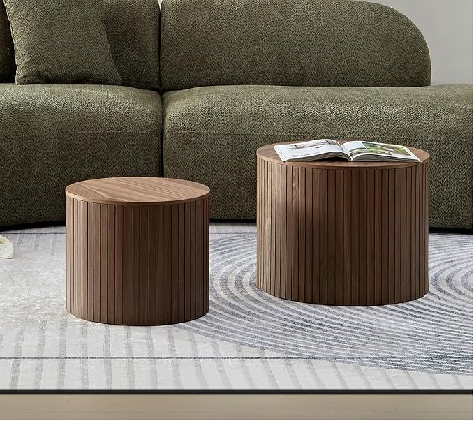 Round Coffee Table Set of 2 for Living Room, Wood Small Nesting Tables with Storage, Circle Side Table, Modern Accent End Table with Moveable Lid for Bedroom,Walnut