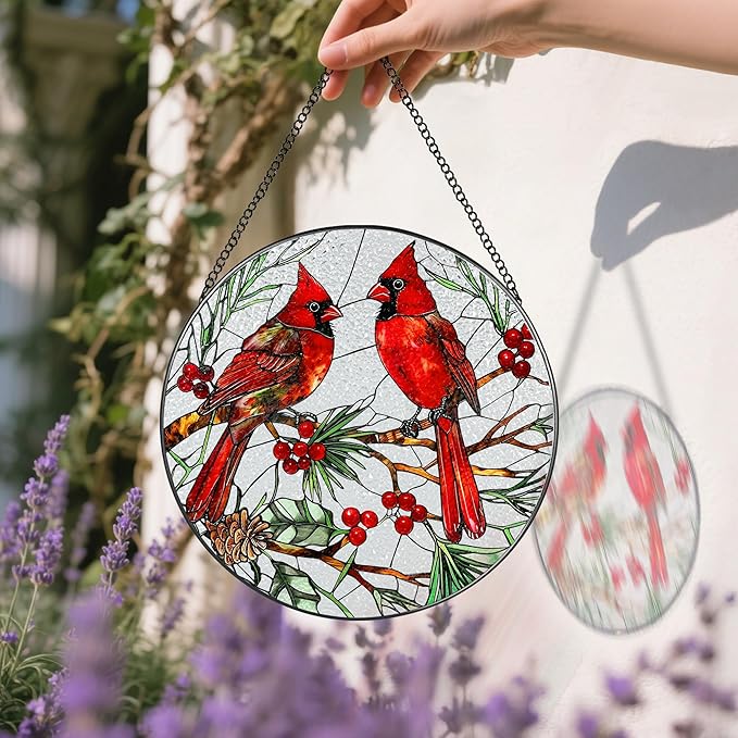 Cardinal Stained Glass Window Hanging, 8 Inch Sun Catchers Indoor Window, Suncatchers for Windows Hanging, Home Decor and Christmas, Festival, Mother's Day, Birthday, Cardinal Gifts for Women, Men