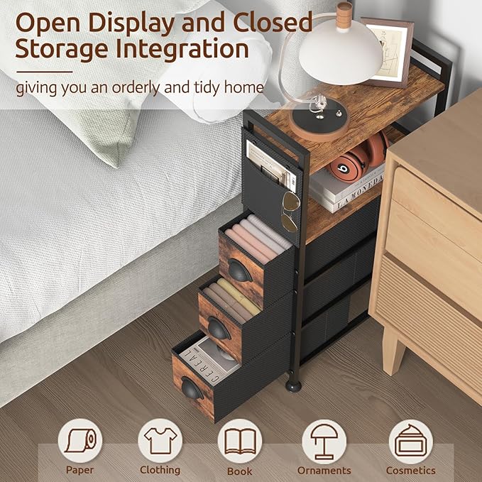 3 Drawer Narrow Dresser Side End Table Small Spaces, Slim Nightstand Bedside Sofa Table with Wheels, Space Saving Skinny Thin Couch Desk with Storage Bag for Bedroom Living Room Bathroom,Black