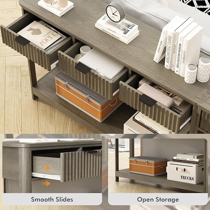 Fluted Console Table with Drawers, Modern 47.1" Entryway Table with Storage Shelf, Boho Narrow Skinny Behind Couch Wood Sofa Table for Living Room Hallway Entrance Foyer,Washed Oak