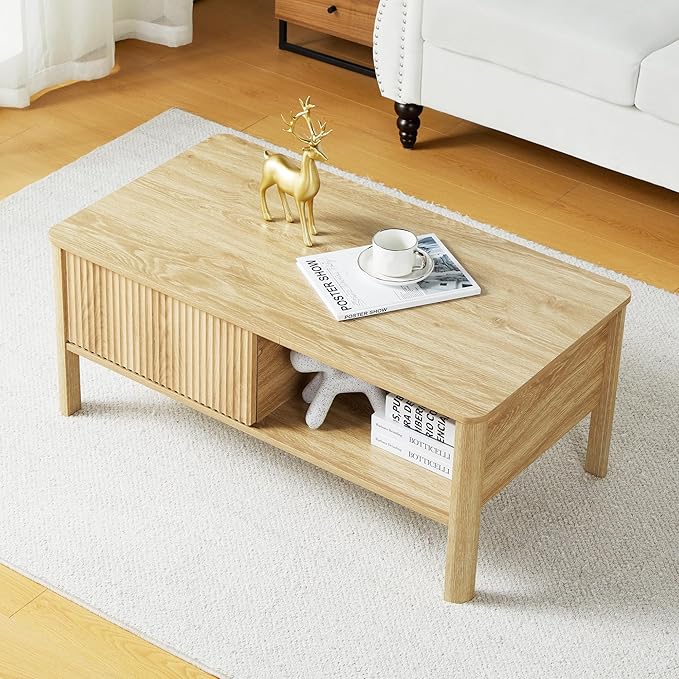 Mid-Century Modern Rectangular Wood Coffee Table with Dual Storage Shelf, Storage Center Coffee Tables with Waveform Panel Sliding Door Dining Table for Living Room Apartment(Natural)