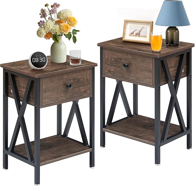 VECELO Nightstands Set of 2, Modern Bedside End Tables, Night Stands with Drawer and Storage Shelf for Living Room Bedroom, Industrial Metal Frame