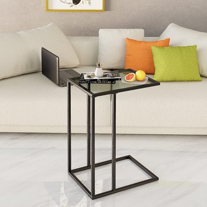 C Shaped End Table Set of 2, Sofa Couch Side Table, Tempered Glass Snack TV Tray Table with Metal Frame for Small Space,Living Room, Bedroom, Bedside,Modern Style, Black,2PCS