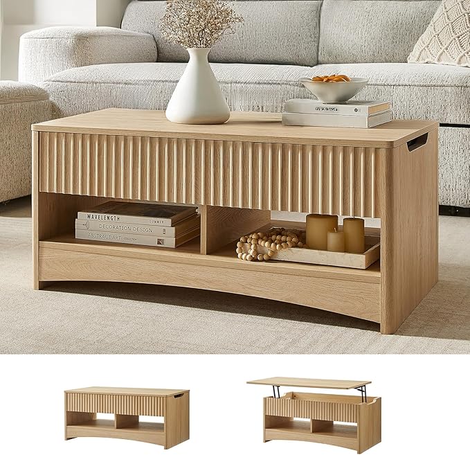Amada Lift Top Coffee Table with Storage Shelf & Hidden Compartment, Modern Fluted Rectangle Dining Table for Living Room, Home Office,Natural Oak