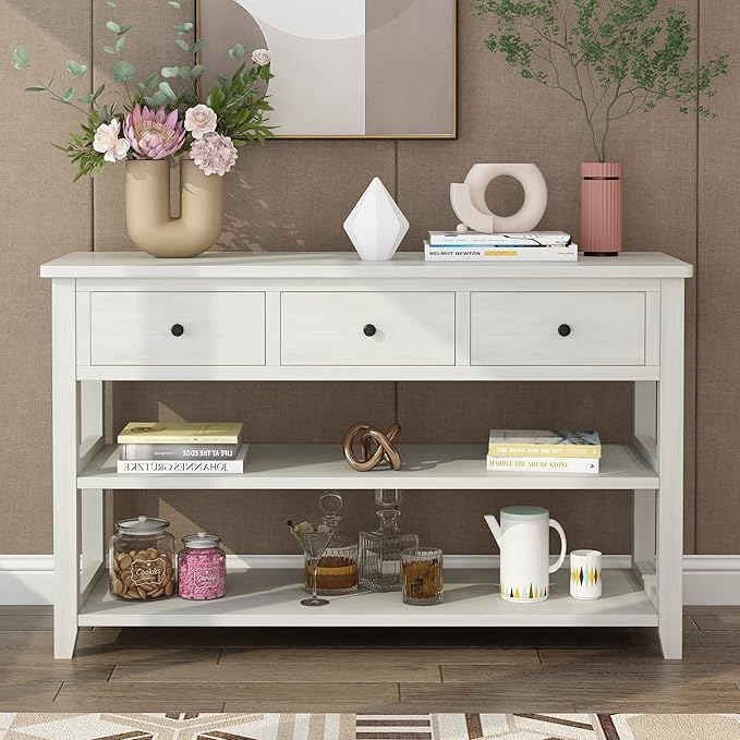 Karl home Console Table Entryway Desk, Sofa Side Table with 3 Drawers 2 Bottom Storage Shelves, Vintage TV Stand for Hallway Living Room Office, Antique White 29.9" H