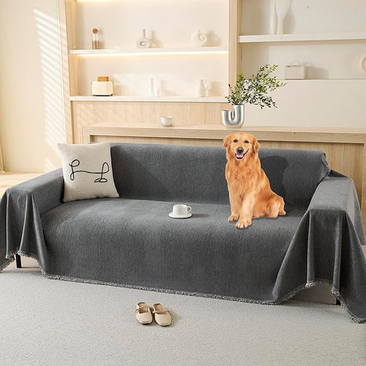 100% Waterproof Couch Cover Sofa Covers for 3-4 Cushion Couch Sectional Couch Washable Sofa SlipCover for Dog Pet-Friendly Furniture Protector for Living Room with Tassel(91" x 150", Gray)