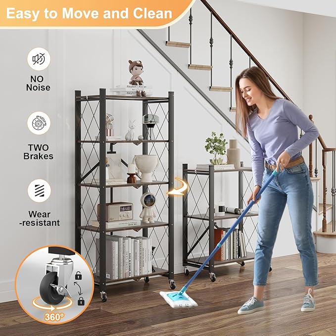 5-Tier Foldable Storage Shelves with Wheels, Folding Metal Shelf Unit, Folding Bookshelf no Assembly, Collapsible Shelves for Craft Shows for Kitchen, Bedroom, Living Room, Rustic Brown