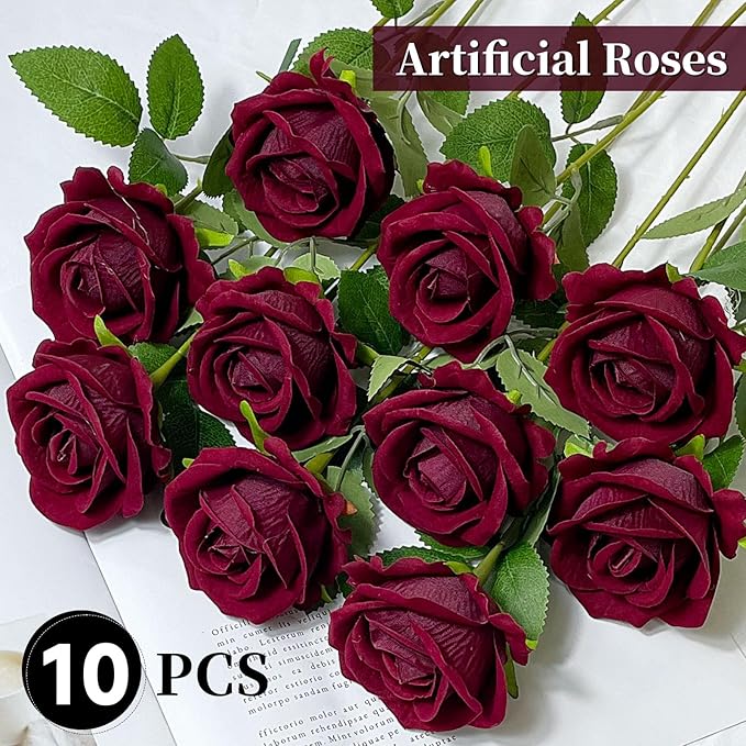 10 PCS Artificial Roses with Long Stems Silk Flowers Realistic Foam Flowers Fake Roses for Valentine's Day Home Wedding Halloween Decor(Wine Red)