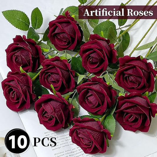 10 PCS Artificial Roses with Long Stems Silk Flowers Realistic Foam Flowers Fake Roses for Valentine's Day Home Wedding Halloween Decor(Wine Red)